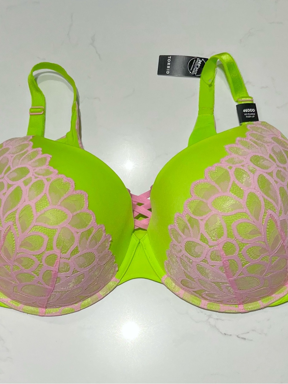 Torrid • 46DDD • XO Plunge Push-Up Bra Neon Lime with Pink Lace Overlay